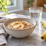 Bol cu ovăz și banană, lângă un pahar cu apă